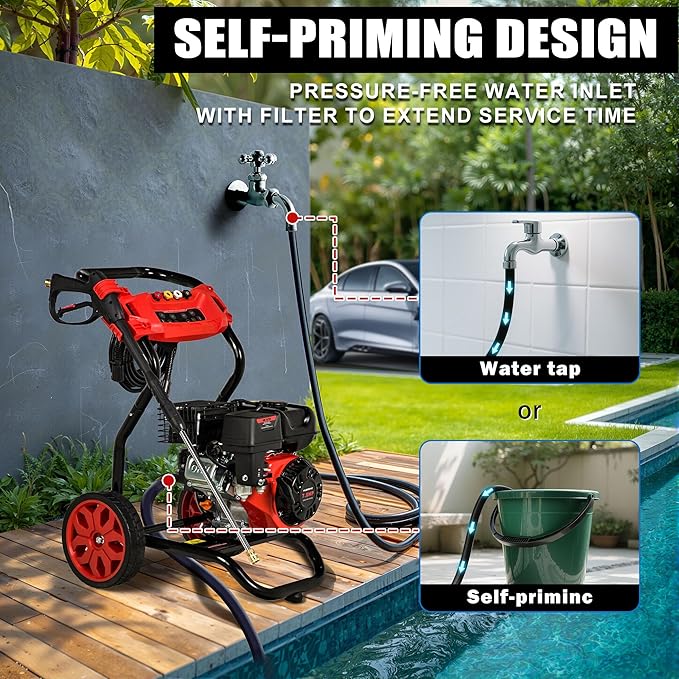 Gas Pressure Washer, 3950 PSI and 2.6 GPM, 7HP Engine with Copper Pump, 25FT Hose and Foam Cannon, 4 Nozzles, for Cars, Driveways, Fences-VerdiqueGarden