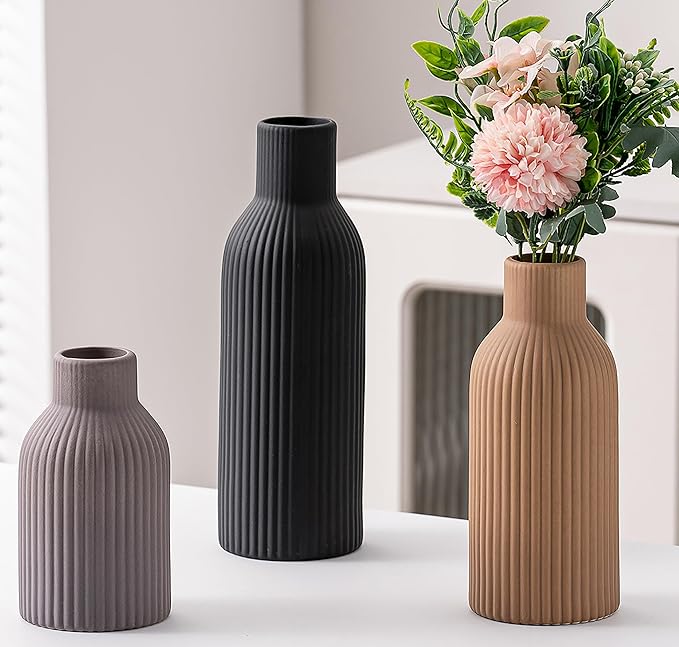 Ceramic Vase Set of 3, Flower Vases for Spring Room Decor, Kitchen Farmhouse, Modern Boho Style(Khaki/Black/Grey)-VerdiqueGarden