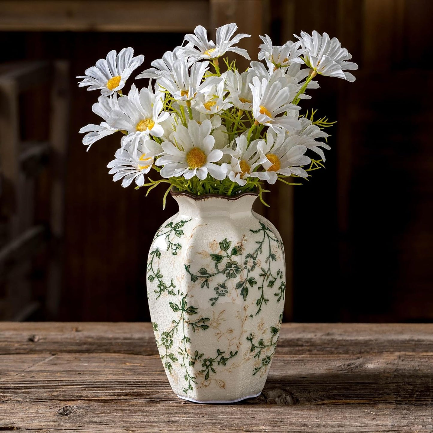 Vintage Pastoral Octagonal Vase, Green and Beige Retro Ceramic Flower Vases, Rustic Farmhouse Vases Chinoiserie Floral Small Vase for Home Decor, Living Room, Kitchen, Bedroom and Shelf 6.7 Inch-VerdiqueGarden