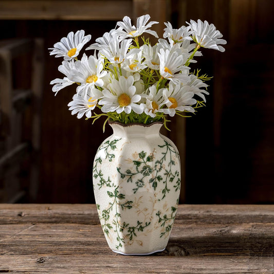 Vintage Pastoral Octagonal Vase, Green and Beige Retro Ceramic Flower Vases, Rustic Farmhouse Vases Chinoiserie Floral Small Vase for Home Decor, Living Room, Kitchen, Bedroom and Shelf 6.7 Inch-VerdiqueGarden