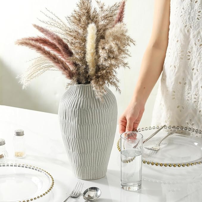 Ceramic Vase for Home Decor,11.6 Inch Flower Vases,Decorative Blue Vase for Pampas Grass,Modern Art Texture Vases for Home Entryway Living Room Dining Table Farmhouse Office Decor(Grey)-VerdiqueGarden