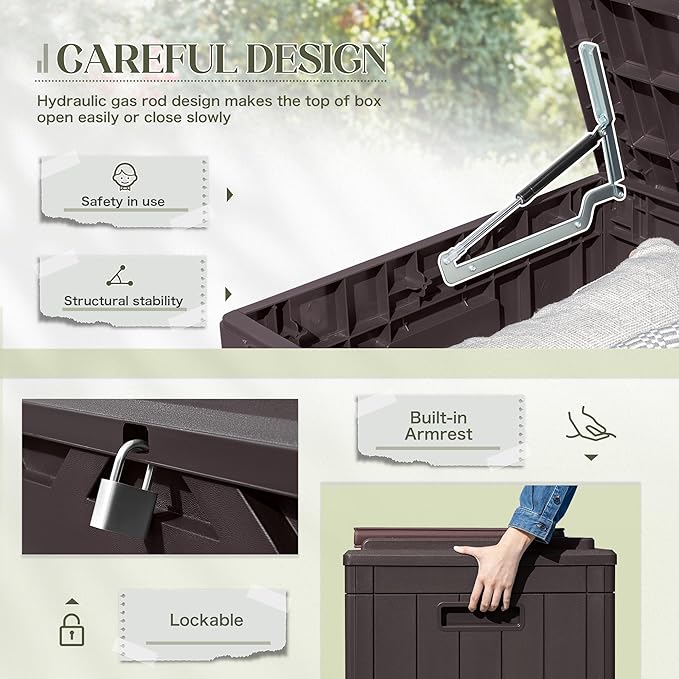 Greesum 100 Gallon Resin Deck Box Large Outdoor Storage with Cushions for Patio Furniture, Garden Tools, Pool Supplies, Weatherproof and UV Resistant, Lockable, Dark Brown-VerdiqueGarden