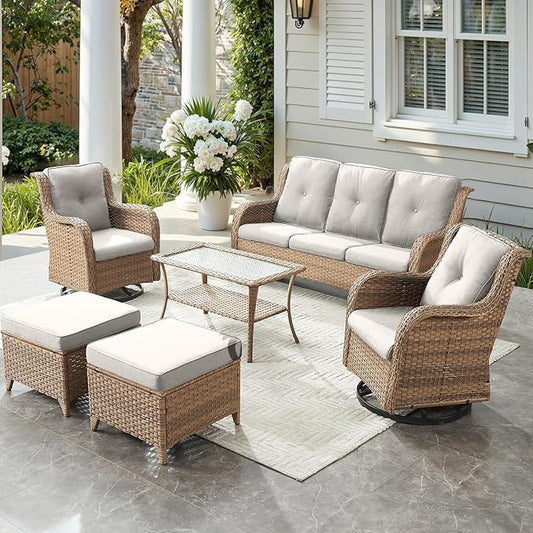 Outdoor Wicker Patio Furniture Set - 6 Piece Rattan Patio Conversation Set with 2 Rocking Swivel Chairs,2 Ottomans,1 Sofa and 1 Coffee Table for Porch Deck Backyard Garden(Yellow/Beige)-VerdiqueGarden