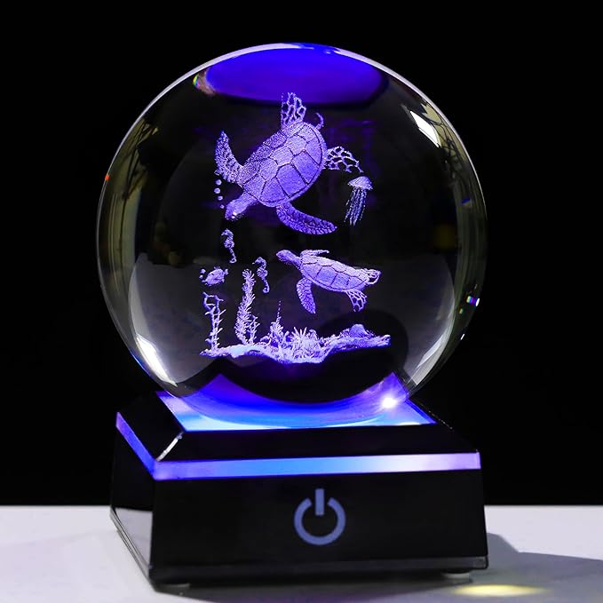 Qianwei Sea Turtle Gifts for Women 3D Crystal Ball 3.14'' - Laser Sea Turtle Decor Glass Animals Turtle Figurines Statue Stuff for Room Decorations Turtles Night Light-VerdiqueGarden