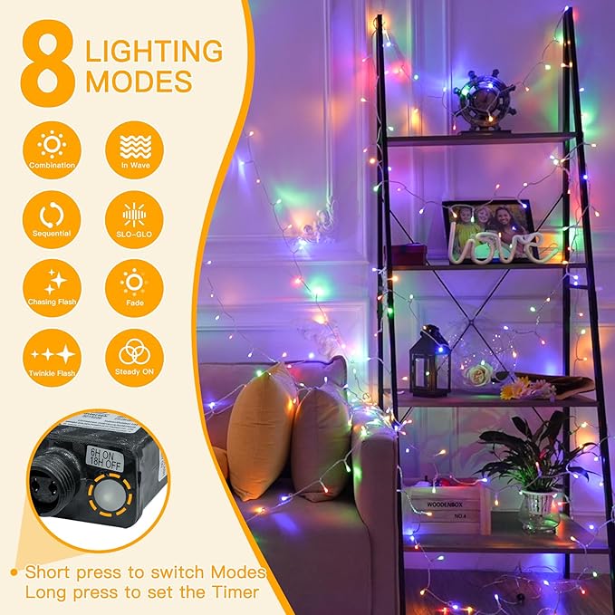Ollny Christmas Lights Outdoor 200LED 60FT, Multicolor Connectable Plug in Fairy Light Indoor, 8 Modes Waterproof Timer Plug in LED String Lights for House Outside Bedroom Patio Balcony-VerdiqueGarden