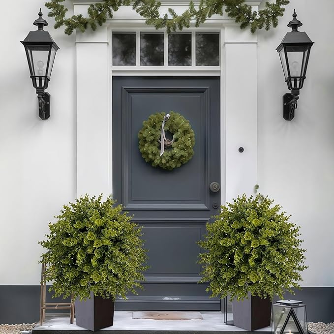 ICX 2 Set 25" Artificial Eucalyptus Topiary Ball Trees with Ground Spike,Artificial Plants Outdoor,Fake Bushes & Shrubs for Porch, Garden, Front Porch Decor - Indoor/Outdoor Faux Plants-VerdiqueGarden