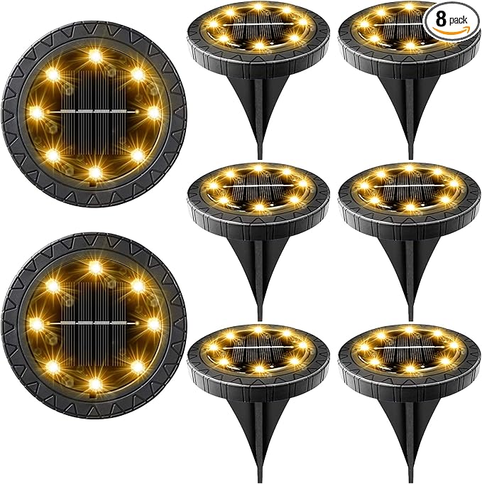 Solar Powered 8 Pack Outdoor LED Disk Lights - IP68 Waterproof, Non-Slip, Wear-Resistant Pathway Lights (Warm White)-VerdiqueGarden
