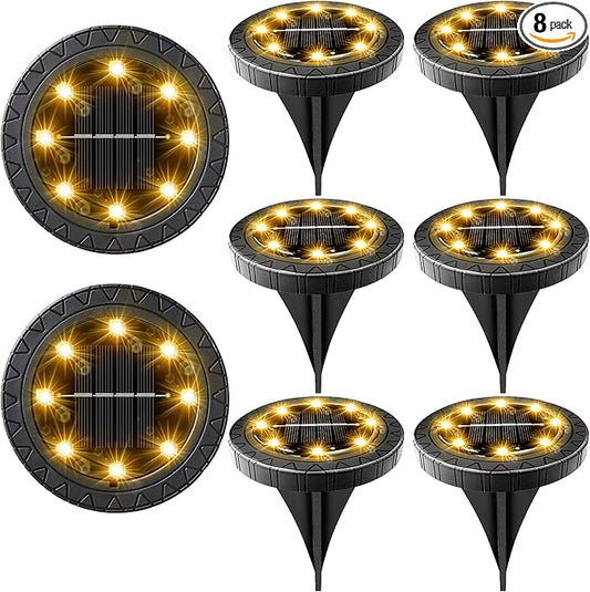 Solar Powered 8 Pack Outdoor LED Disk Lights - IP68 Waterproof, Non-Slip, Wear-Resistant Pathway Lights (Warm White)-VerdiqueGarden