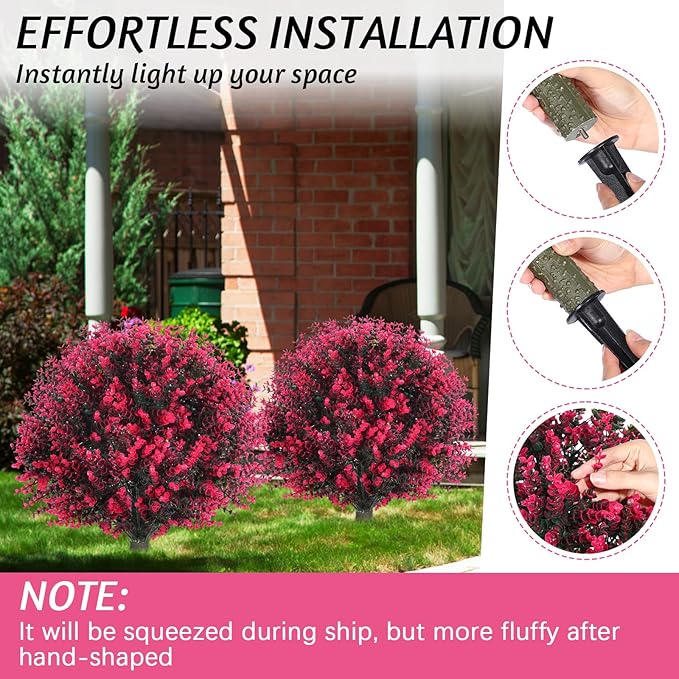 Yunlly 2 Pcs 18 Inch Artificial Boxwood Ball Topiary Tree Fake Outdoor Plants Bush, UV Resistance Faux Shrubs with Spike Realistic Greenery Potted for Indoor Garden Yard Porch Patio Decor (Rose Red)-VerdiqueGarden