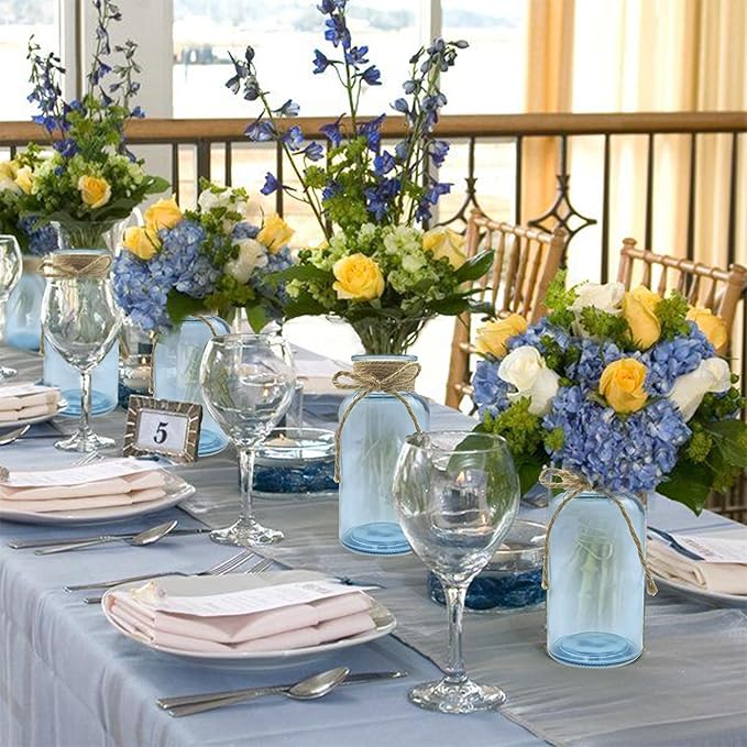 Vintage Glass Flower Vase，12 Pack Blue Farmhouse Glass Centerpiece Vases Mason Jars for Weddings, Parties & Home Decor Bulk (12, Blue)-VerdiqueGarden