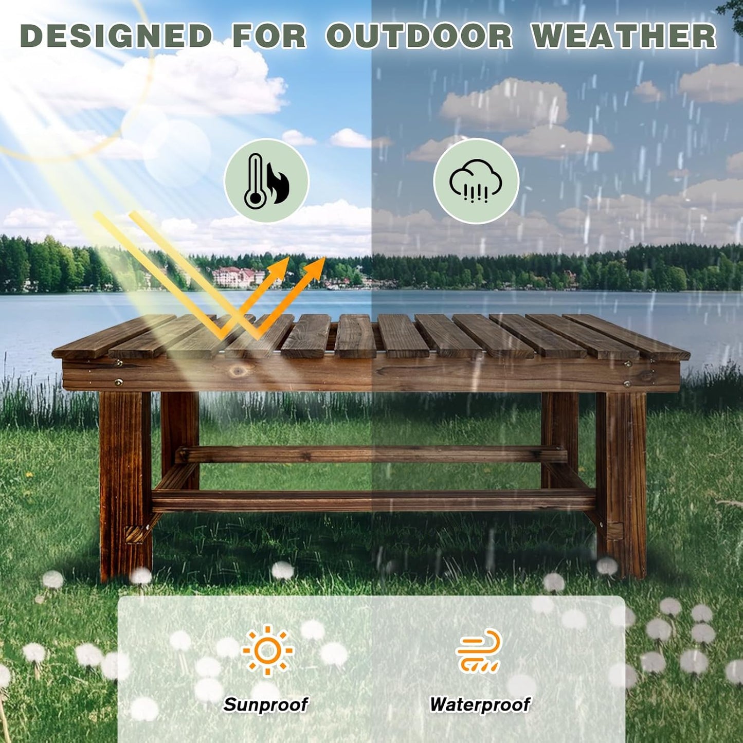 Outdoor Garden Bench, 2-Person Wood Patio Bench Weatherproof Outdoor Backless Bench, Anti-Corrosion and Anti-Rust Garden Benches for Garden Lawn Porch Park Backyard (Carbonized,35.5''/90cm)-VerdiqueGarden