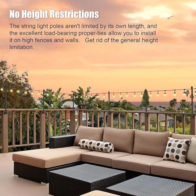 Suchtale 2 Pack 2.8 FT String Light Poles, Suspension Outdoor Fence Post Lights with Clip and Bracket, Outside String Lights Hanging, Wall Mounting Stand for Patio Garden Backyard Wedding Party, Black-VerdiqueGarden