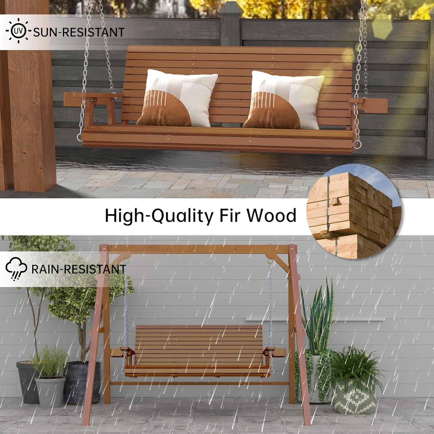 Wooden Outdoor Porch Swings, 3 Seater Front Porch Swing with Upgraded 22" Deep Seat, Heavy Duty 880 Lbs Swing Bench Chair for for Patio, Backyard, Garden (Teak Tone, 5 FT)-VerdiqueGarden