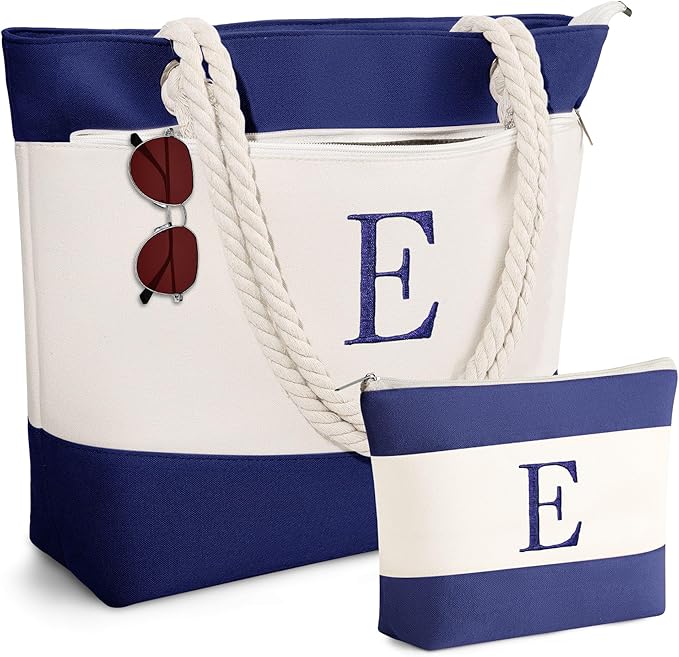 YOOLIFE Beach Bags for Women - Initial Tote Waterproof Bag with Makeup Bag, Mothers Day Gifts for Women Mom Friend Birthday-VerdiqueGarden