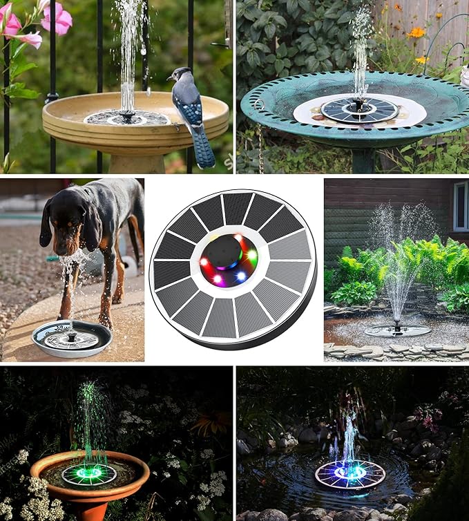 Solar Fountain Glass Panel with 2200 mah Battery, 3.5W Floating Solar Water Fountain with 4 Fixed Rods, Solar Fountain Pump for Bird Bath, Garden, Pond, Pool, Outdoor-Colorful Lights-VerdiqueGarden