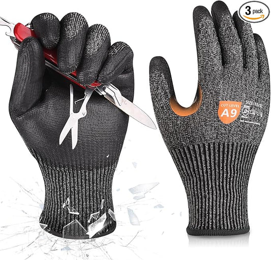 Donfri 3 Pairs A9 Cut Resistant Work Gloves for Men - Steel + HPPE Hybrid Safety Gloves for Men, ANSI Cut Level 9 Protection Flexible for Metal Glass Wood Construction Fishing-VerdiqueGarden