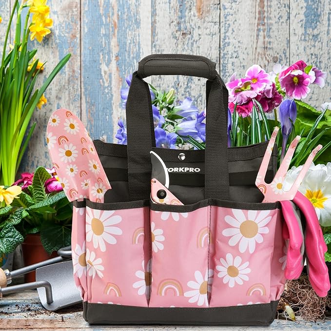 WORKPRO Garden Tool Bag, 9 Pockets Gardening Bag, Heavy Duty Oxford Garden Tote Caddy (Tools NOT Included), 12" x 12" x 6"-Pink Ribbon-VerdiqueGarden