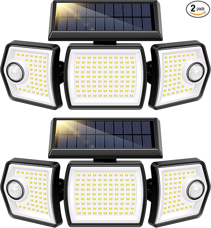 VIVOHOME Linkable Solar Lights Outdoor, Dual Roating Motion Sensor Flood Lights Solar Powered Security Light with 3 Heads, 2500LM, IP65 Waterproof for Outside, Yard, Garage, Wall, Patio, 2 Pack-VerdiqueGarden