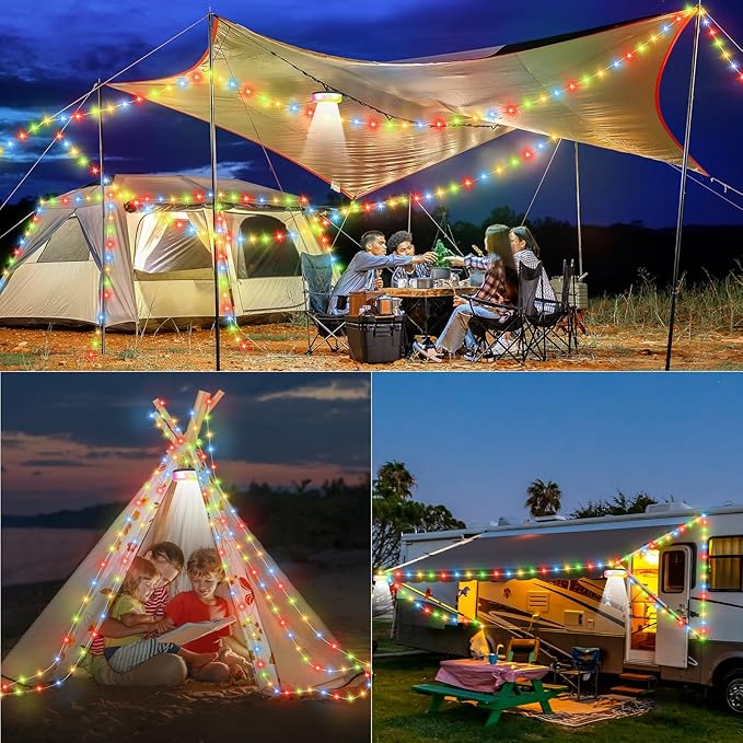 Camping String Lights, 4 in 1 Quick Storage 32.8FT Rechargeable Tent Lights with 6 Modes Hanging Waterproof Camp Lamp Camping Essentials for AwnTent Hiking Garden Bedroom Festival (Warm White)-2Pack-VerdiqueGarden