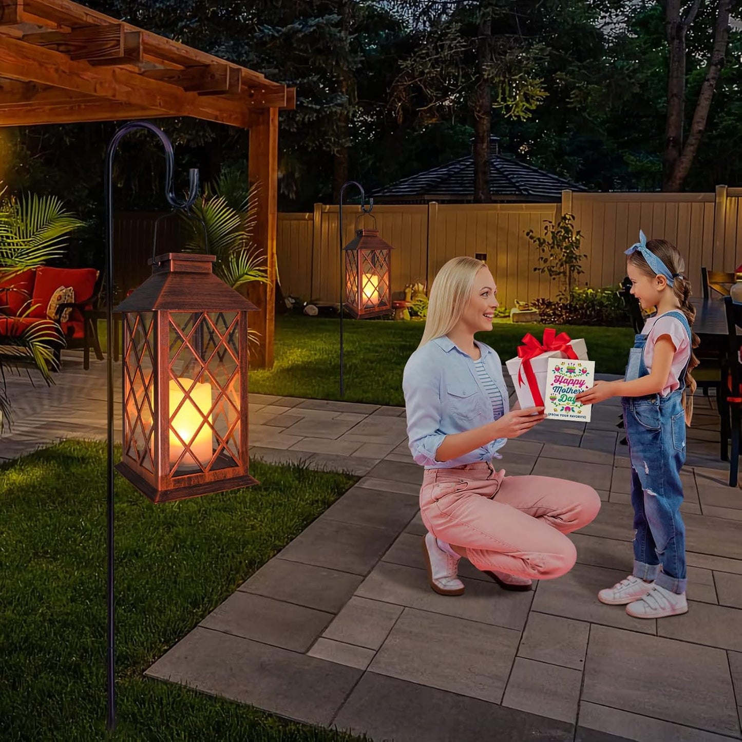 [2 Pack] TAKE ME 14" Solar Lantern Outdoor Garden Hanging Lantern Waterproof LED Flickering Flameless Candle Mission Lights for Table,Outdoor，Mothers Day Gifts Mom Wife-VerdiqueGarden