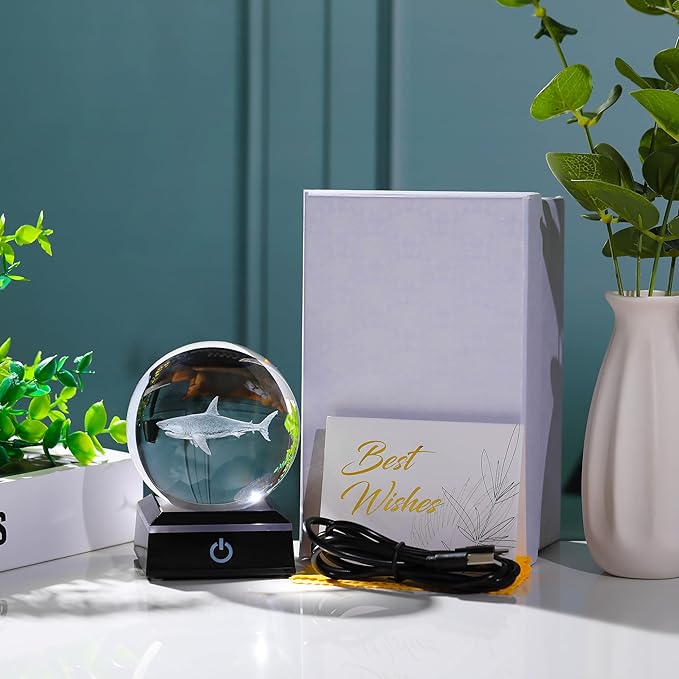 Shark Gifts for Women Men 3D Crystal Ball 3.14'' - Laser Shark Decor Glass Animals Figurines Statue Stuff for Room Night Light Shark Gifts for Mom-VerdiqueGarden