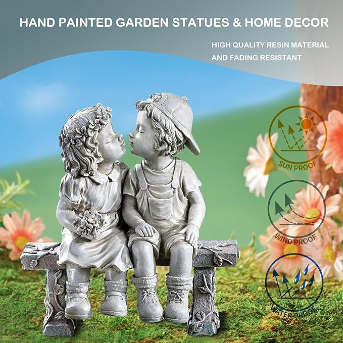 Elenon Garden First Kiss Outdoor Statue Decorative, Flower Bed Decor Boy and Girl Garden Statues, Couple Puppy Love Garden Sculpture for Yard Patio Art Decoration-VerdiqueGarden