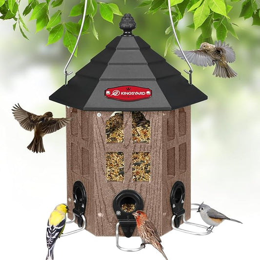 Kingsyard Wild Bird Feeder for Outdoor Hanging, Recycled Plastic Bird Feeders with 6 Ports & U-Shape Perch, Garden Yard Outside Decoration, 3.5 lbs Seed Capacity, Brown-VerdiqueGarden