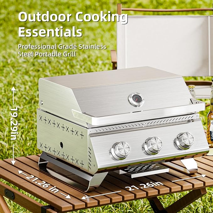 3-Burner 24,000 BTU Portable Flat Top Propane Gas Grill, Heavy-Duty Stainless Steel 2-in-1 Tabletop Grill and Griddle Combo for Commercial BBQ, Outdoor Cooking, Camping,Tailgates & Backyard-VerdiqueGarden