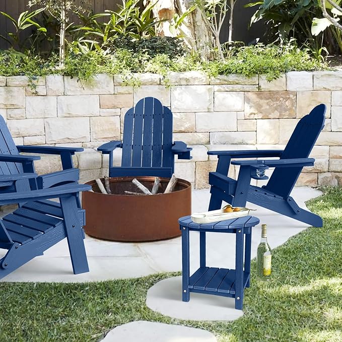 Adirondack Round Outdoor Side Table 2-Tier Storage Patio Side Table, HDPE End Tables for Backyard Pool Porch Garden Lawn (Blue)-VerdiqueGarden
