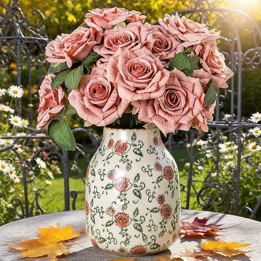 Green and Beige Vintage Round Vase, Red Rose Chinoiserie Floral Vase, Farmhouse Antique Decorative Ceramic Flower Vases for Bouquet, Home Decor, Living Room, Bookshelf, Office, Tuscan Decor 7.8 Inch-VerdiqueGarden