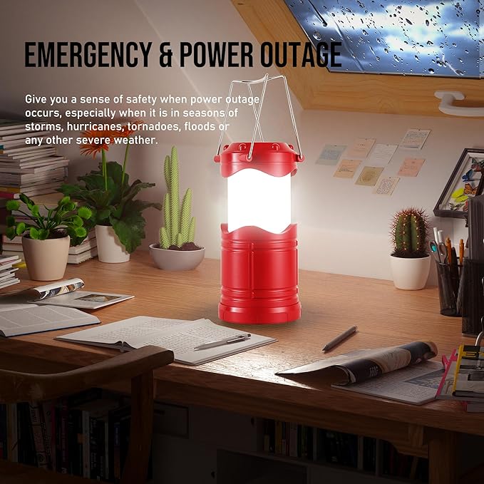 Lichamp LED Camping Lantern, 4 Pack Battery Powered Flashlight for Power Outages, Portable Collapsible Hanging Light Essential for Home, Outdoor, Emergency Lamp Survival Kit Gear for Hurricane, Red-VerdiqueGarden