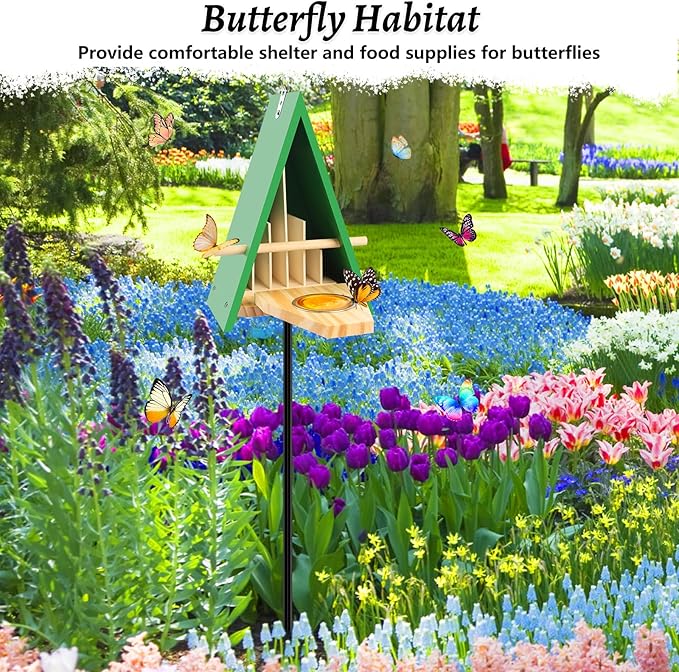 2025 New Butterfly House and Feeder for Outside, Wooden Butterfly House with Metal Stake for Garden, Natural Butterfly Habitat with Butterfly Puddler on The Floor or Hanging on Tree Wall-VerdiqueGarden