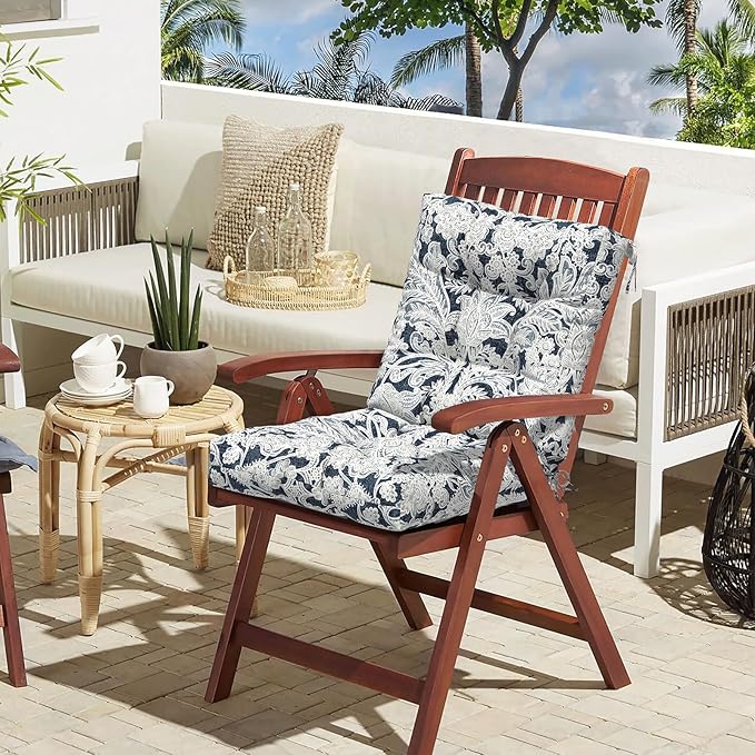 LVTXIII Outdoor Low Back Chair Cushions, Seasonal Replacement Adirondack Chair Cushion with Ties, Patio Waterproof Seat Cushions for Home Garden Use, 21 W x 21 D, Set of 2, Damask Lapis-VerdiqueGarden
