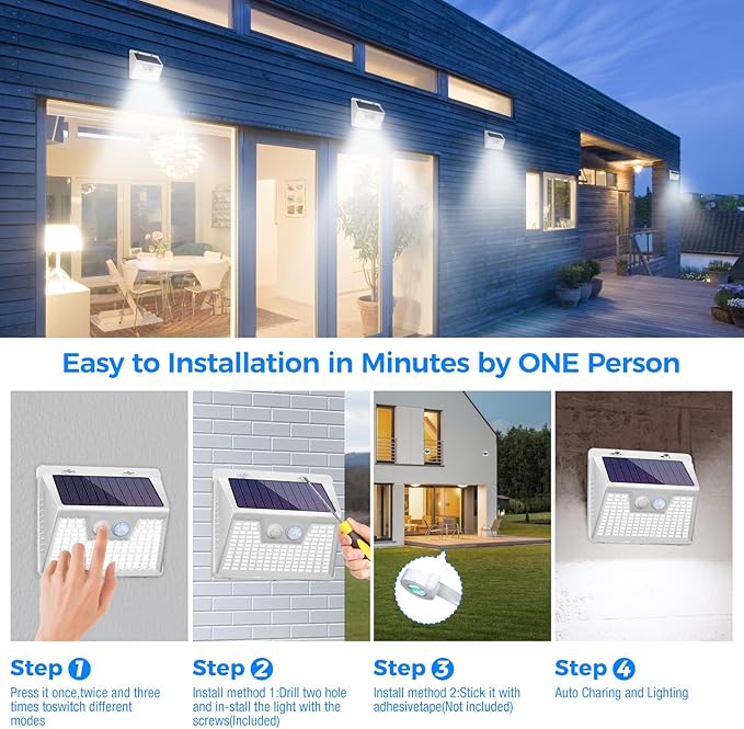 Peasur White Solar Lights Outdoor Waterproof, 6Pack 140LED Solar Powered Motion Sensor Light, 3 Modes Security Wall Lights for Fence Garden Yard Outside-VerdiqueGarden