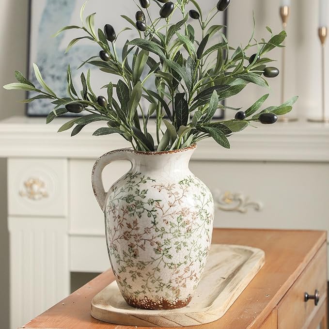 Enra Vintage vase,Ceramic Chinoiserie Floral Vase,Green and Beige Decorative Flower vase,Large Rustic Vases for Home Decors, Living Room, Bookshelf, Office，9.7 inch-VerdiqueGarden