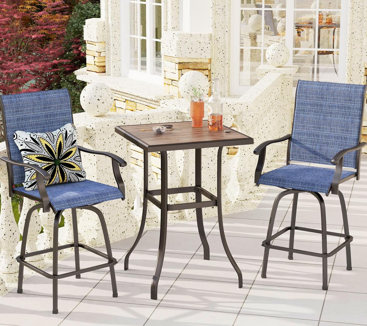 PHI VILLA 3Pcs Outdoor Swivel Bar Stools Set, Bar Height Patio Table and Chairs with All Weather Textilene Fabric, Pub Bar Bistro Tall Furniture Set for Outdoor, Blue-VerdiqueGarden
