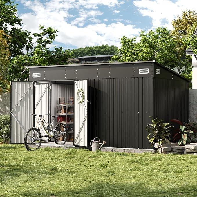 Aoxun 12' x 7.3' Shed 441 CU.FT Outdoor Waterproof Storage Shed with Triple Lockable Door Garden Metal Tool Shed for Outside (Black)-VerdiqueGarden