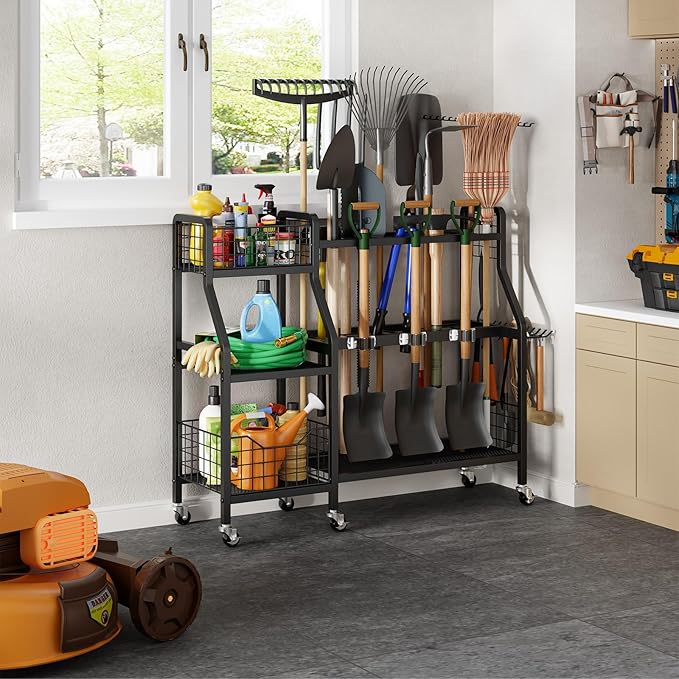 keomaisyto Garden Tool Organizer with 6 Wheels(3 lockable), Heavy Duty Yard Tool organizer with 2 Basket, Large Metal Garage Tool Organization and Storage for Garage/Shed/Yard/Broom Closet/Lawn-VerdiqueGarden