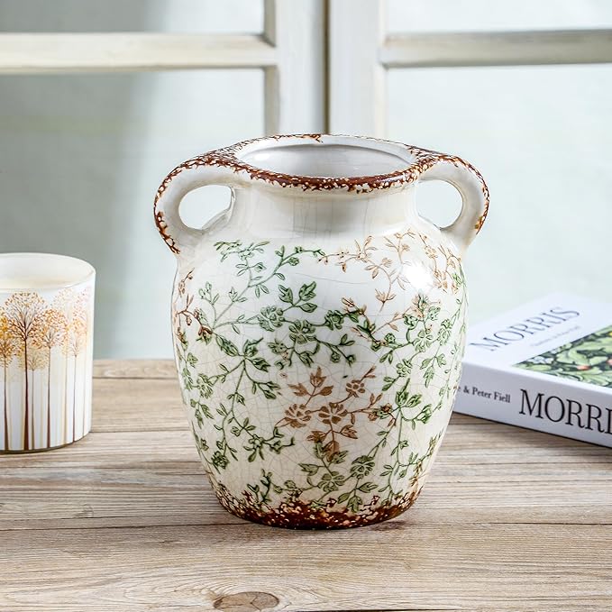 Enra Vintage vase,7.8 Inch Green and Beige Ceramic Decorative Flower vase, Chinoiserie Floral Vase,Large Rustic Vases for Home Decors, Living Room, Bookshelf, Office-VerdiqueGarden