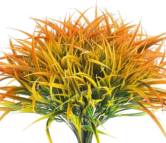 Ouddy Decor 16 Bundles Artificial Fall Plants Outdoor Fake Grass Stems UV Resistant Faux Plastic Plants Shrubs for Autumn Home Garden Pathway Farmhouse Front Porch Harvest Thanksgiving Decor, Orange-VerdiqueGarden