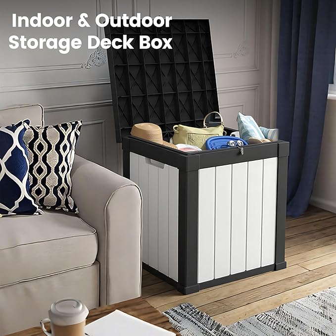 50 Gallon Storage Box, Waterproof Deck Box for Indoor & Outdoor Use, Lockable Pool Storage Bin for Package Delivery, Outdoor Bench for Patio Cushions, Garden Tools, Backyard, Black & White-VerdiqueGarden
