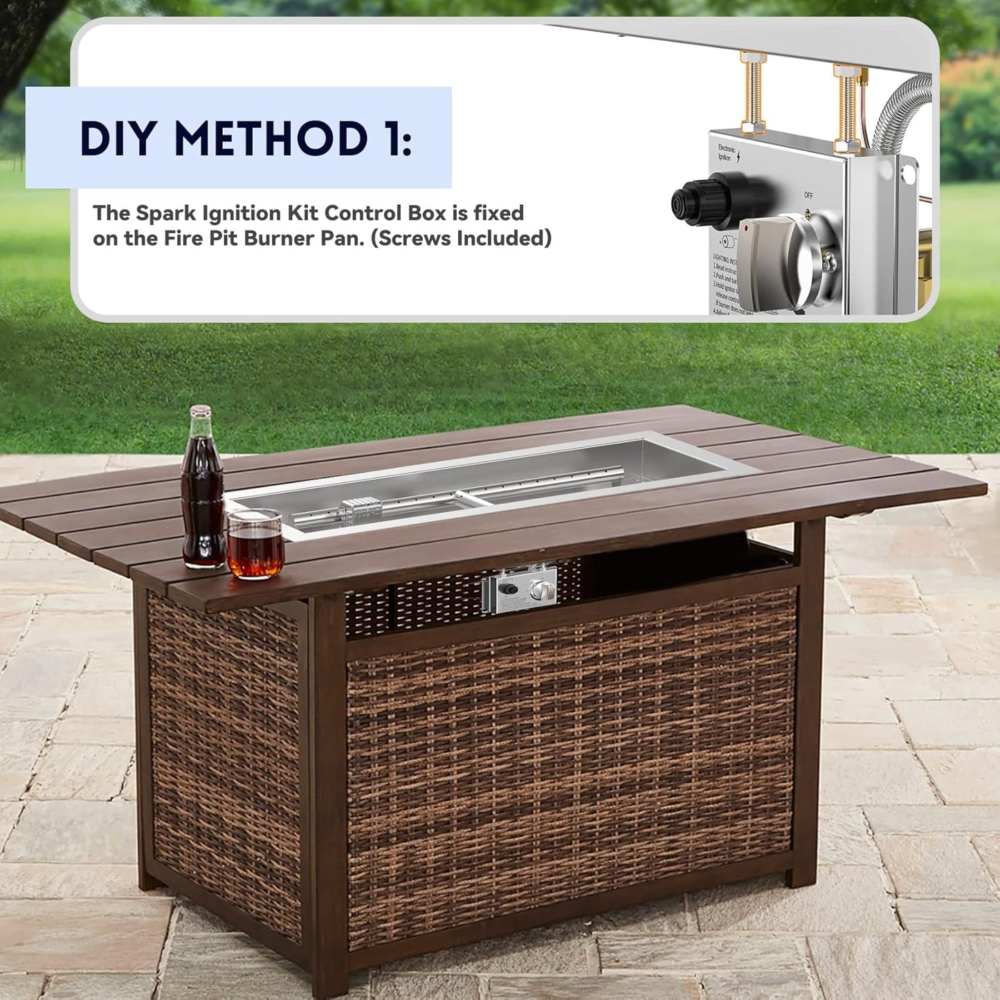 Skyflame 30" Rectangle Stainless Steel Fire Pit Drop-in Burner Kit with Extinguishing Protection Device, Electronic Spark Ignition, and Propane Regulator Hose Set-VerdiqueGarden