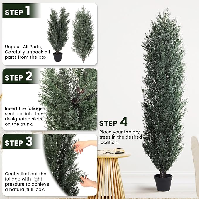 THE BLOOM TIMES 6ft Tall Topiary Trees Artificial Outdoor – UV Resistant Faux Cedar Pine Cypress Bushes and Shrubs, Fake Potted Plants for Front Porch Outside Planter Patio Decor, Set of 2 (6 Foot)-VerdiqueGarden