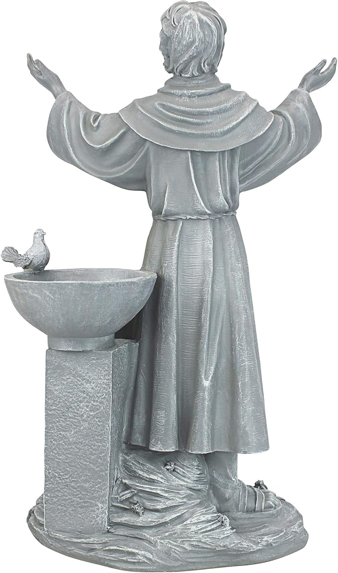 Design Toscano Francis of Assisi Blessing Religious Garden Decor Statue with Bird Bath Feeder, 19 inches Tall, Cast Stone Resin, Gray Stone Finish-VerdiqueGarden