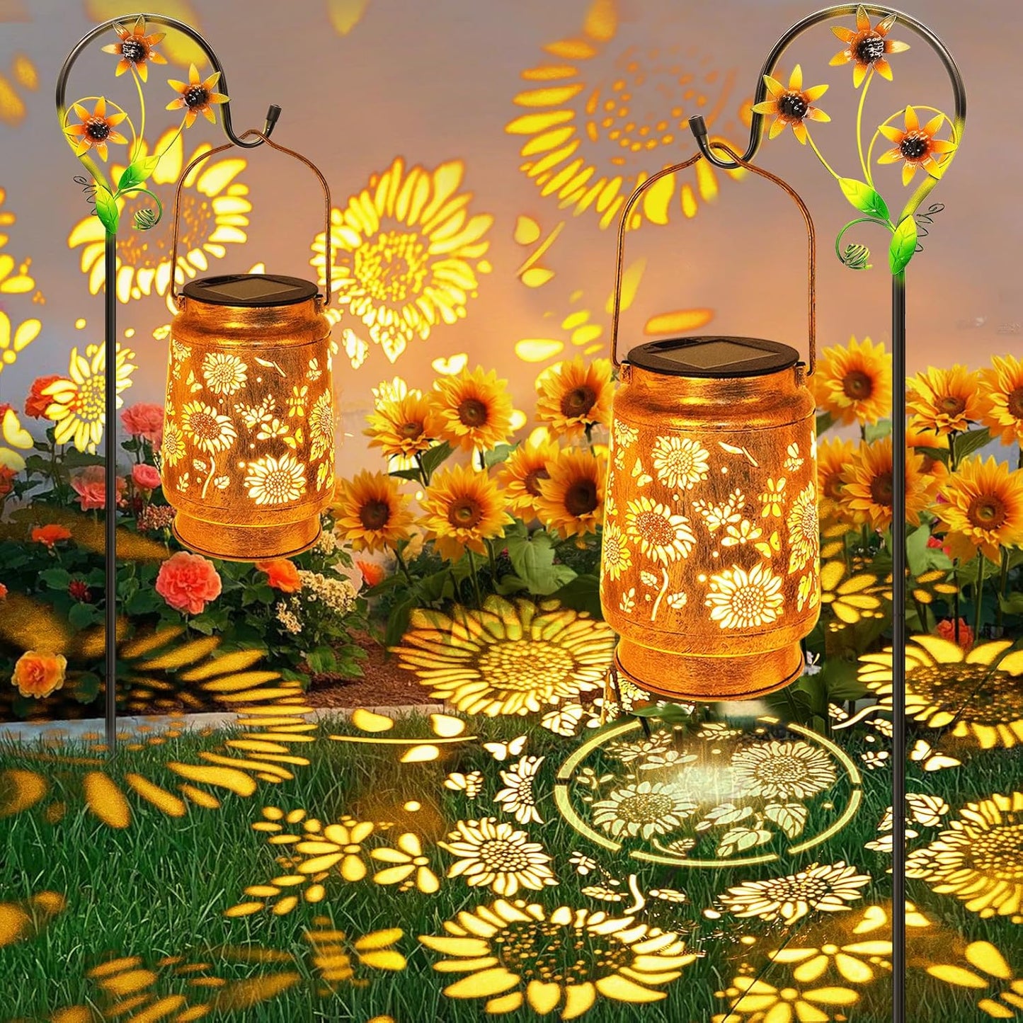2 Pack Sunflower Solar Lanterns Garden Decor, Birthday Gifts for Women Mom Grandma Metal Hanging Solar Lights Outdoor Waterproof LED Decoration with Shepherd Hook Outside for Yard Porch Lawn Patio-VerdiqueGarden