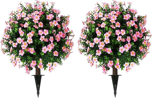 Sunnyglade Set of 2 Artificial Boxwood Topiary Ball Trees with Pink Flower, Faux Shrub Bushes with Ground Spike 25.5", UV Resistant Fake Boxwood Plants for Indoor, Garden, Porch, Patio Decor (Pink)-VerdiqueGarden