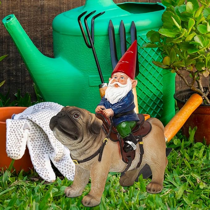 Funny Guy Mugs Garden Gnome Statue - Gnome Riding a Pug - Indoor/Outdoor Garden Gnome Sculpture for Patio, Yard or Lawn-VerdiqueGarden