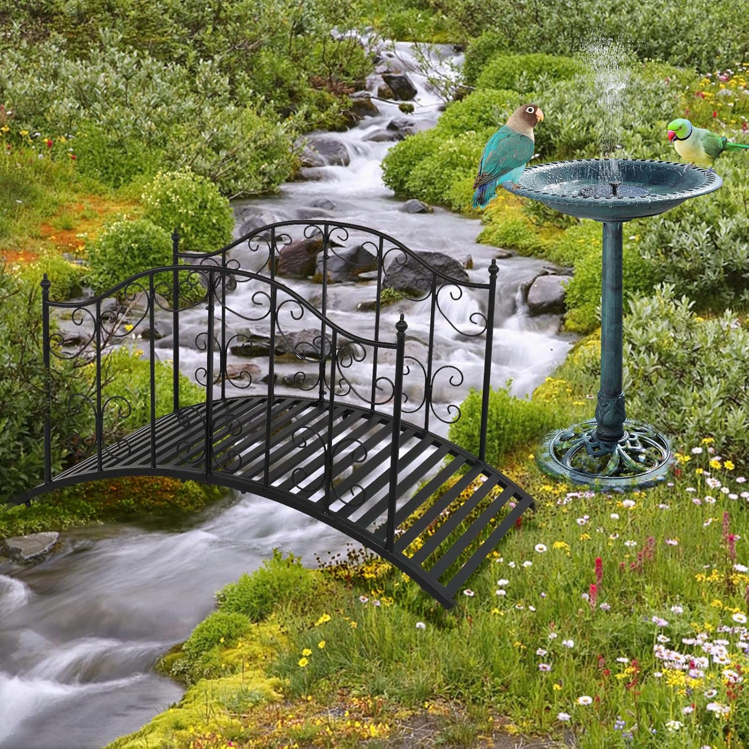 VINGLI Garden Bridge Metal Yard Arch Path Bridge with Patterned Guardrails, Ourdoor Decorative Black Iron Foot Bridge for Pond and Backyard Landscaping-4FT-VerdiqueGarden