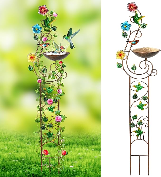 57” Bird Bath with Garden Trellis for Climbing Plants Outdoor, Small Decorative Metal Birdbath Bird Baths, Hummingbird (Hummingbird)