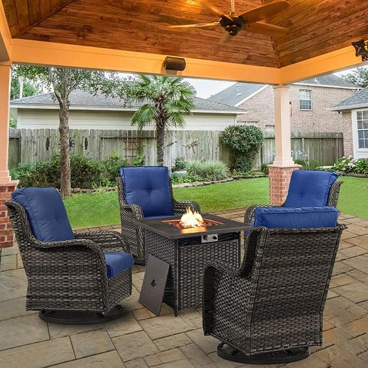 5 Pieces Patio Wicker Furniture Set - 4 Outdoor Swivel Rocker Glider Chairs with Propane Fire Pit Table, Patio Conversation Set Blue Cushion Perfect for Casual Gathering-VerdiqueGarden